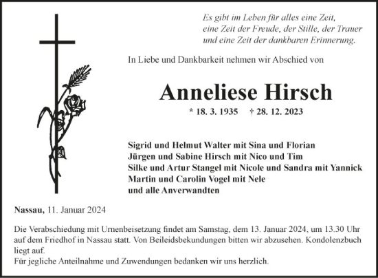 Traueranzeige von Anneliese Hirsch von Fränkische Nachrichten