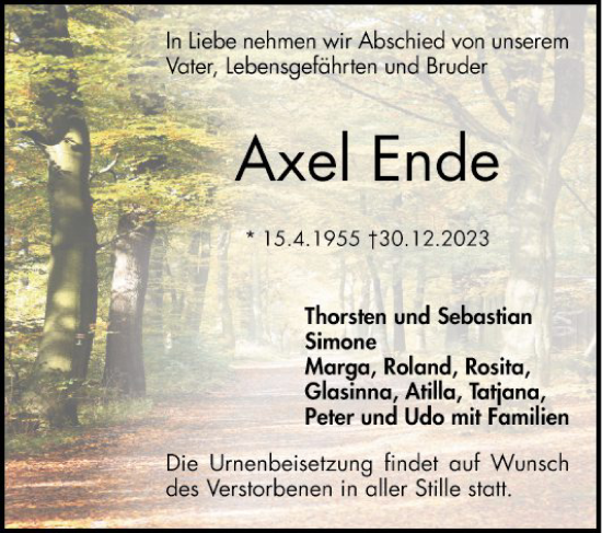 Traueranzeige von Axel Ende von Mannheimer Morgen