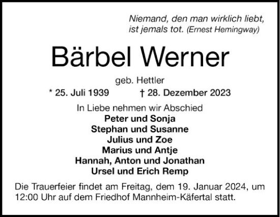 Traueranzeige von Bärbel Werner von Mannheimer Morgen