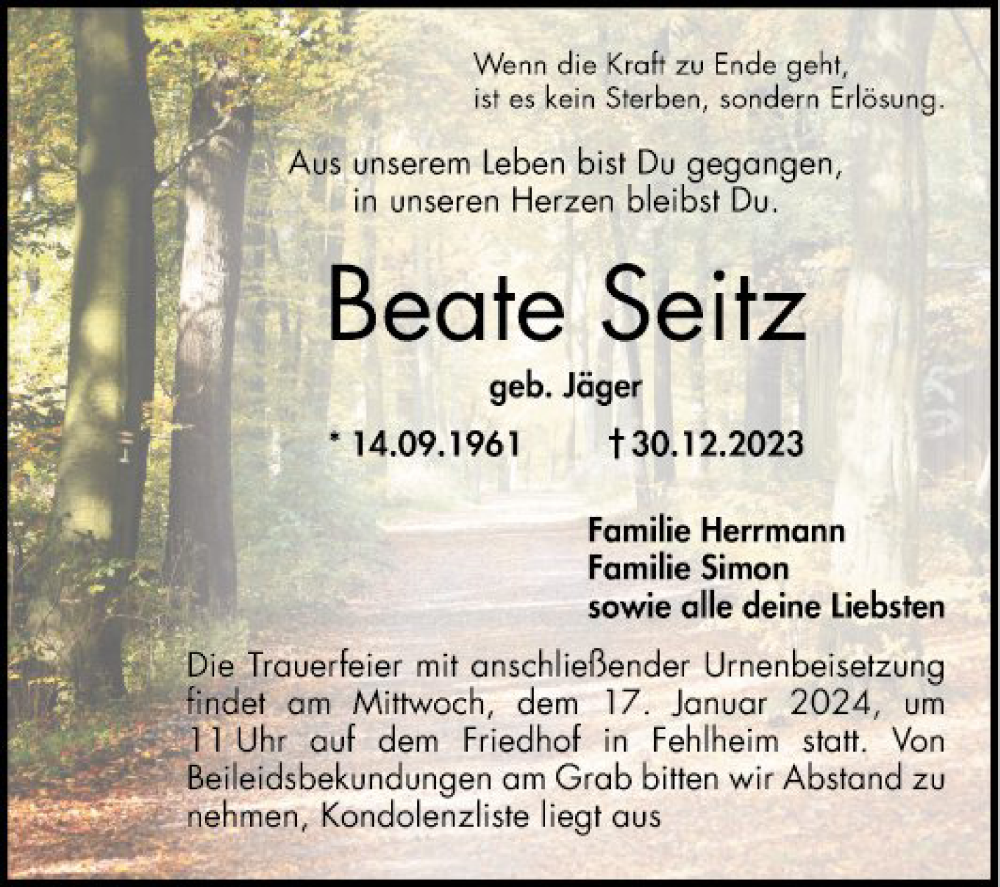  Traueranzeige für Beate Seitz vom 13.01.2024 aus Bergsträßer Anzeiger