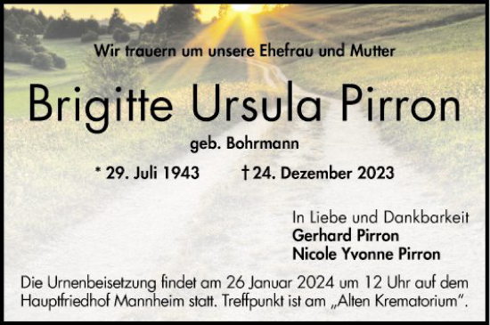 Traueranzeige von Brigitte Ursula Pirron von Mannheimer Morgen
