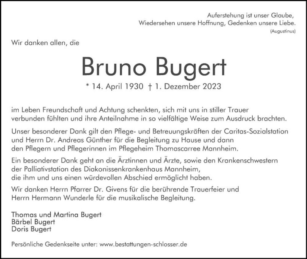  Traueranzeige für Bruno Bugert vom 07.01.2024 aus Mannheimer Morgen