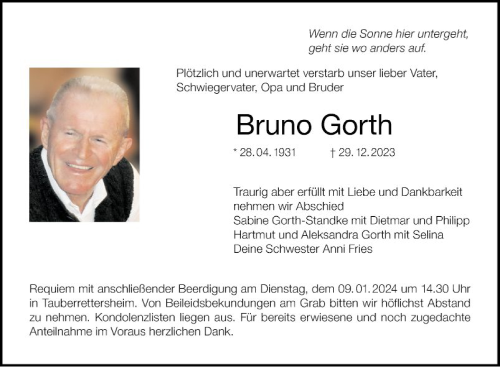  Traueranzeige für Bruno Gorth vom 05.01.2024 aus Fränkische Nachrichten