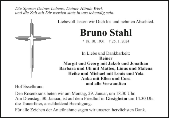 Traueranzeige von Bruno Stahl von Fränkische Nachrichten