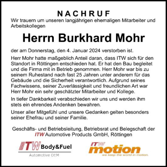 Traueranzeige von Burkhard Mohr von Fränkische Nachrichten