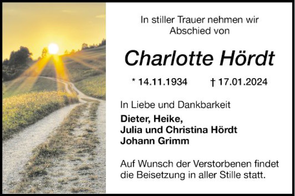  Traueranzeige für Charlotte Hördt vom 20.01.2024 aus Mannheimer Morgen