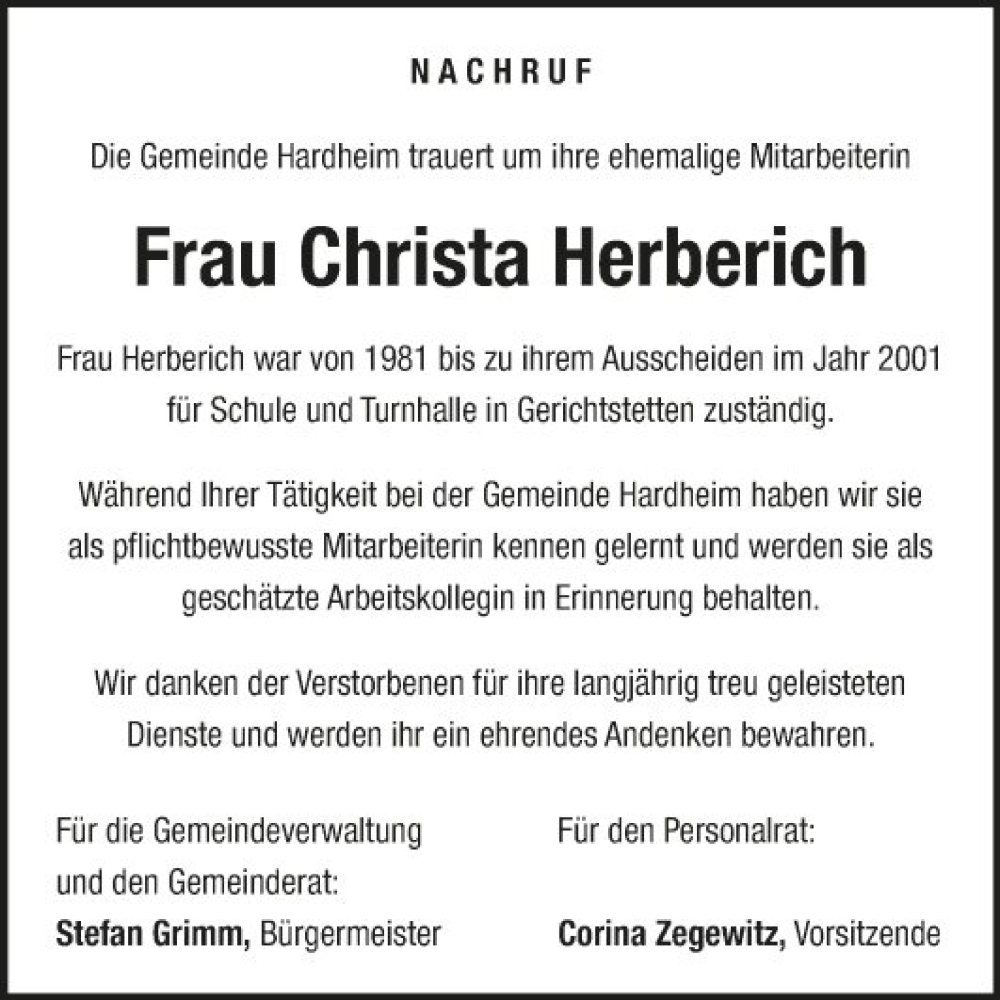  Traueranzeige für Christa Herberich vom 29.01.2024 aus Fränkische Nachrichten