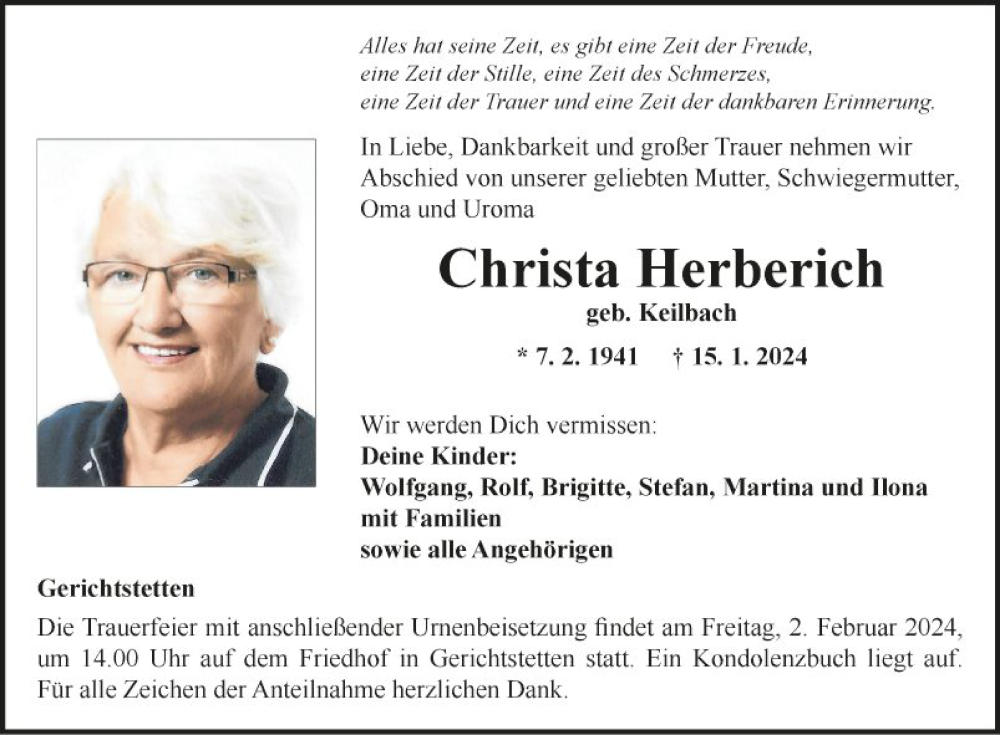  Traueranzeige für Christa Herberich vom 29.01.2024 aus Fränkische Nachrichten