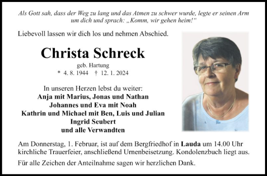 Traueranzeige von Christa Schreck von Fränkische Nachrichten