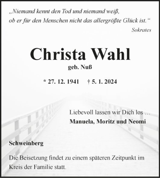 Traueranzeige von Christa Wahl von Fränkische Nachrichten