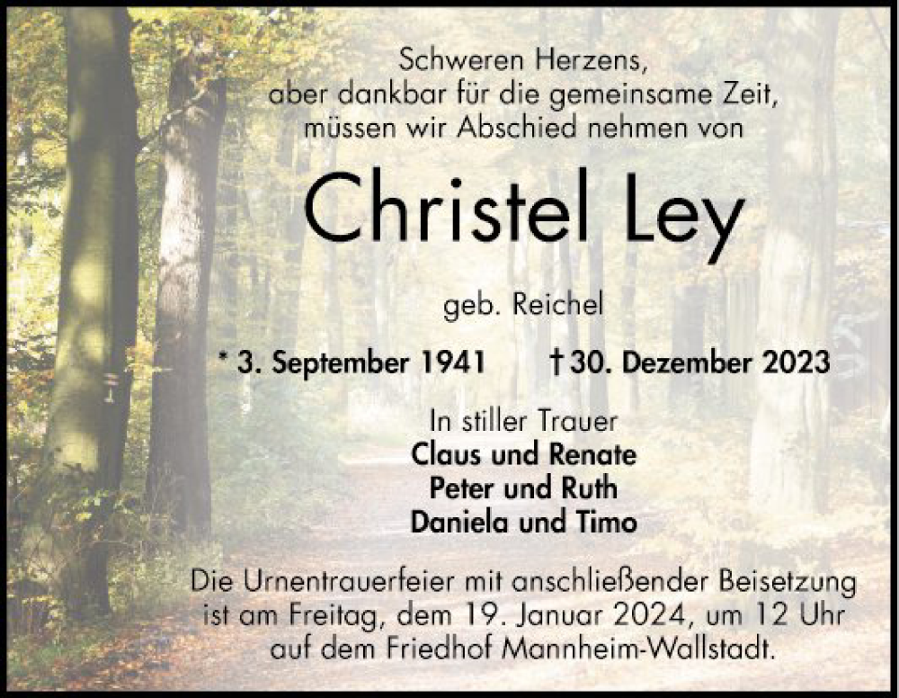  Traueranzeige für Christel Ley vom 05.01.2024 aus Mannheimer Morgen