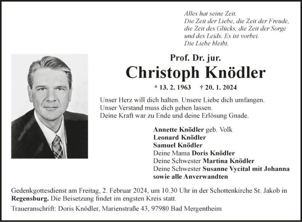  Traueranzeige für Christoph Knödler vom 27.01.2024 aus Fränkische Nachrichten