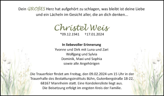 Traueranzeige von Chritel Weis von Mannheimer Morgen