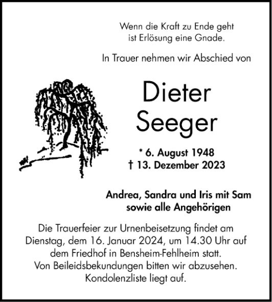Traueranzeige von Dieter Seeger von Bergsträßer Anzeiger