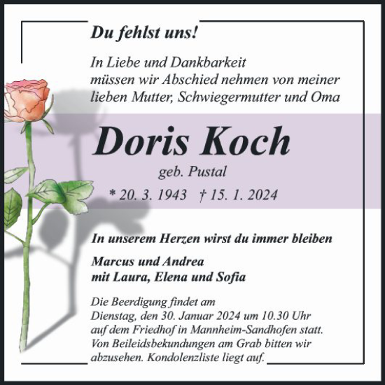 Traueranzeige von Doris Koch von Mannheimer Morgen