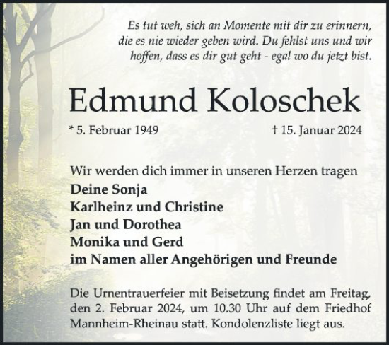 Traueranzeige von Edmund Koloschek von Mannheimer Morgen