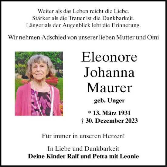 Traueranzeige von Eleonore Johanna Maurer von Bergsträßer Anzeiger
