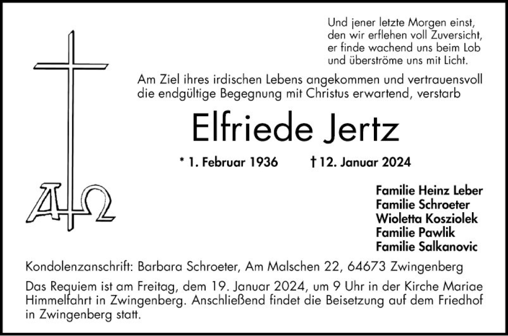  Traueranzeige für Elfriede Jertz vom 18.01.2024 aus Bergsträßer Anzeiger