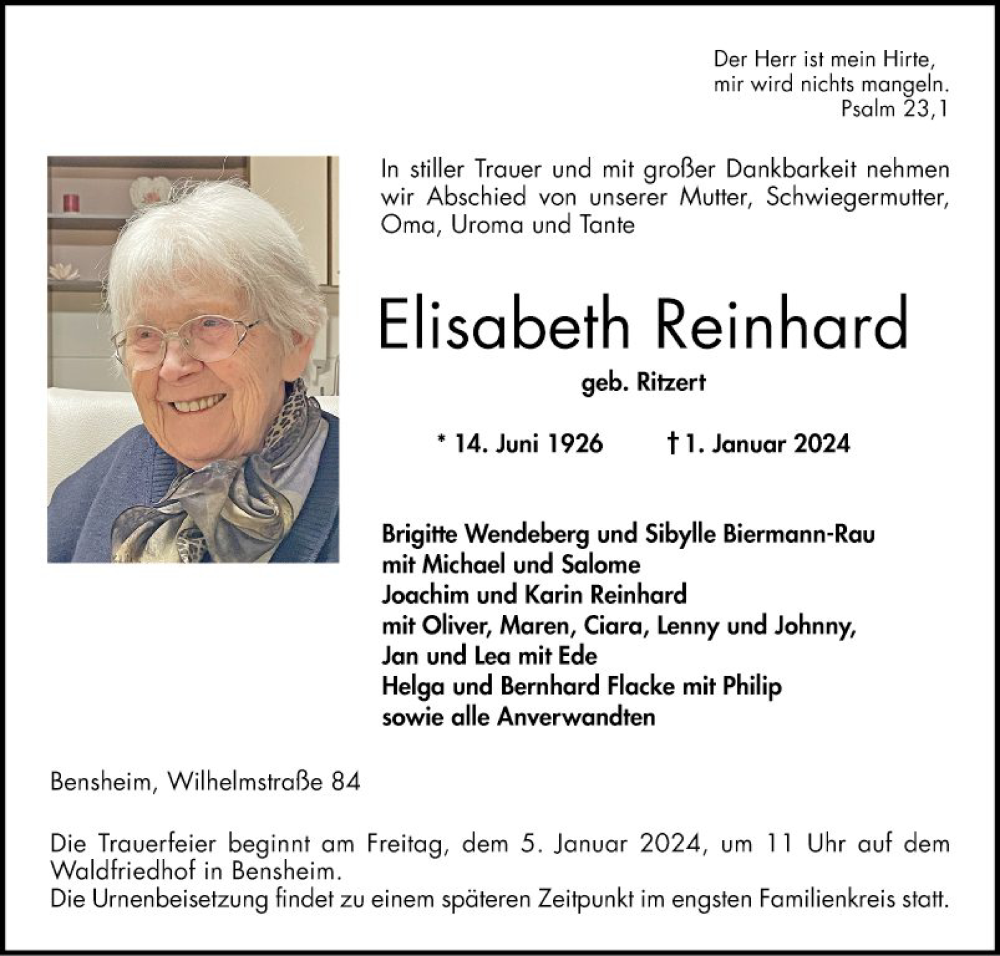  Traueranzeige für Elisabeth Reinhard vom 04.01.2024 aus Bergsträßer Anzeiger