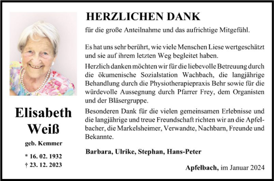 Traueranzeige von Elisabeth Weiß von Fränkische Nachrichten