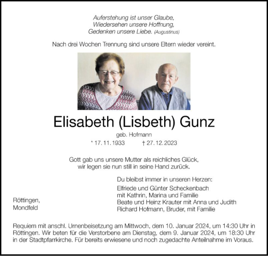 Traueranzeige von Elisabeth Lisbeth Gunz von Fränkische Nachrichten