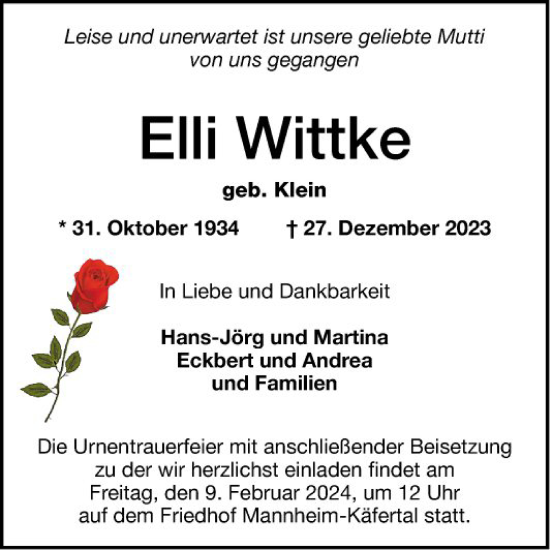 Traueranzeige von Elli Wittke von Mannheimer Morgen