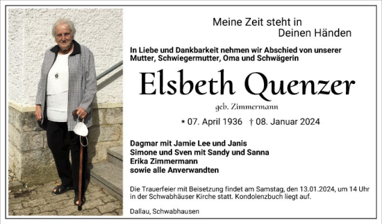 Traueranzeige von Elsbeth Quenzer von Fränkische Nachrichten