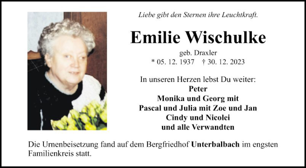  Traueranzeige für Emilie Wischulke vom 12.01.2024 aus Fränkische Nachrichten