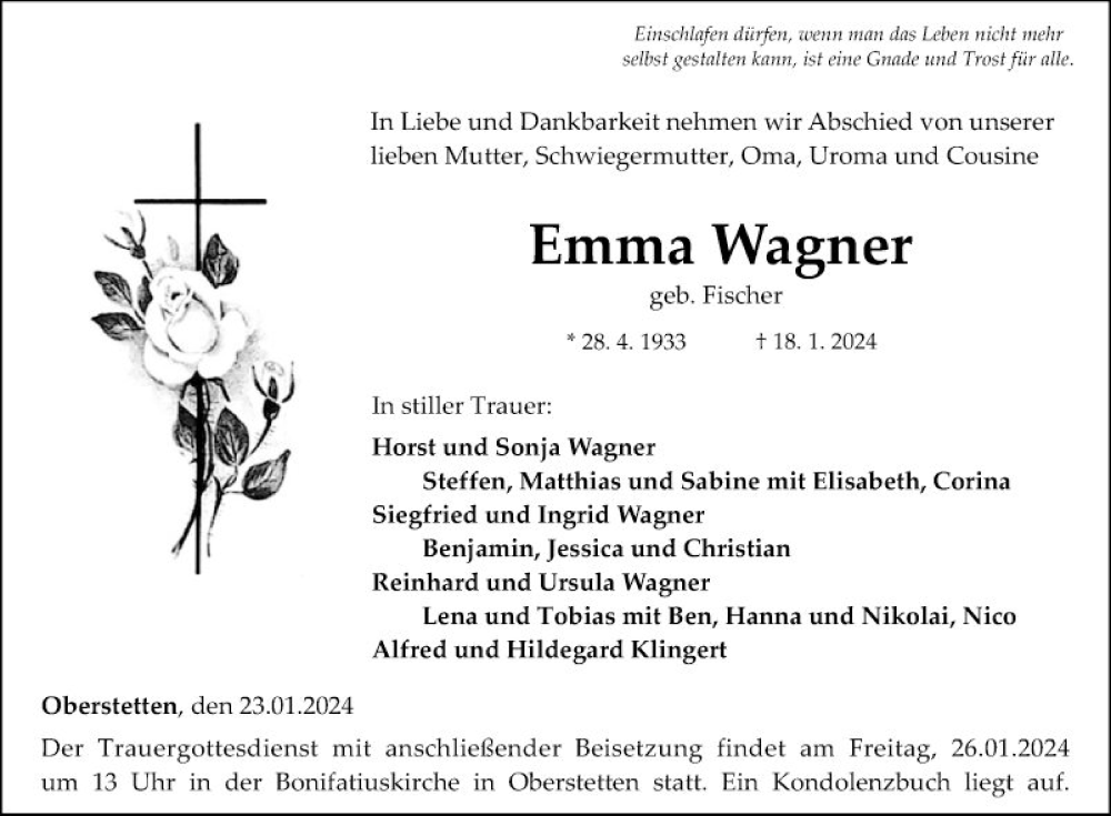  Traueranzeige für Emma Wagner vom 23.01.2024 aus Fränkische Nachrichten