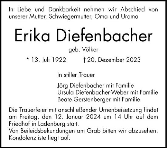 Traueranzeige von Erika Diefenbacher von Mannheimer Morgen