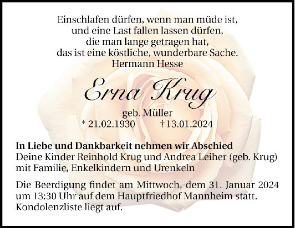  Traueranzeige für Erna Krug vom 27.01.2024 aus Mannheimer Morgen