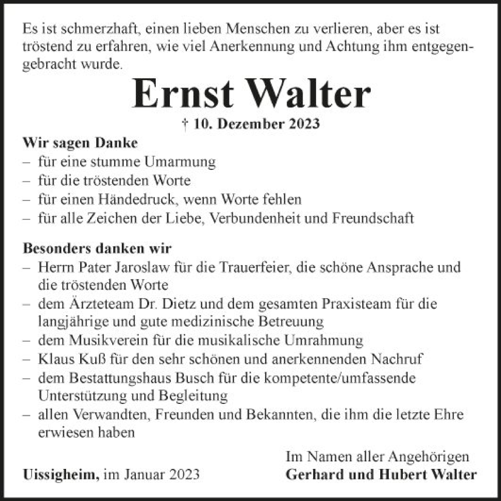  Traueranzeige für Ernst Walter vom 13.01.2024 aus Fränkische Nachrichten