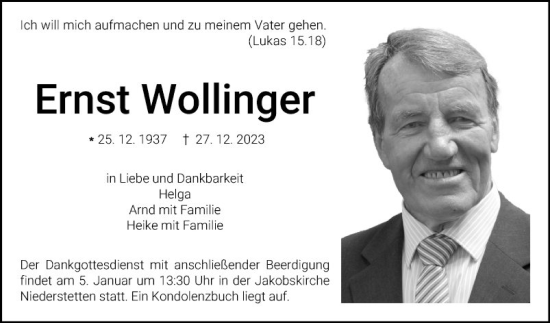 Traueranzeige von Ernst Wollinger von Fränkische Nachrichten