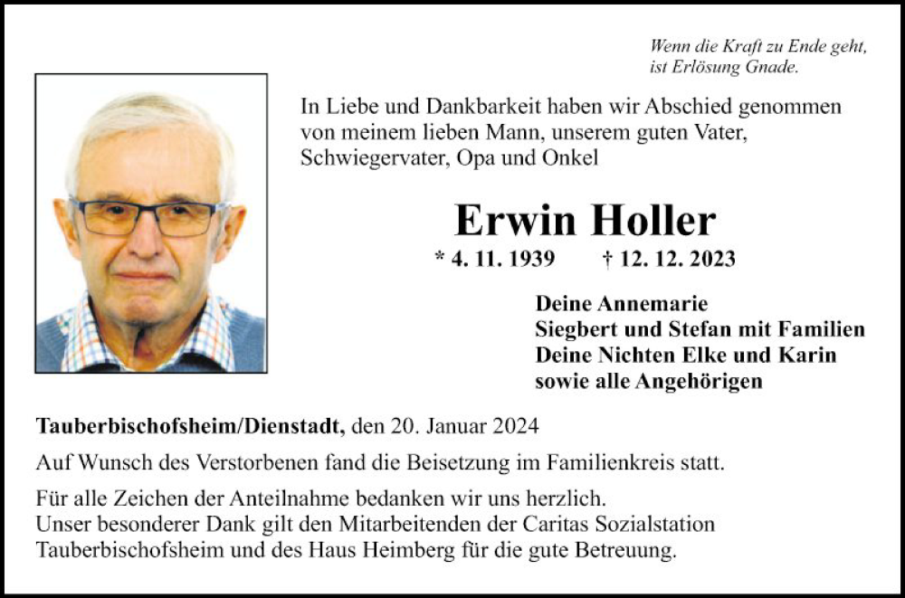  Traueranzeige für Erwin Hohler vom 20.01.2024 aus Fränkische Nachrichten