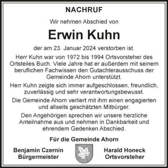 Traueranzeige von Erwin Kuhn von Fränkische Nachrichten