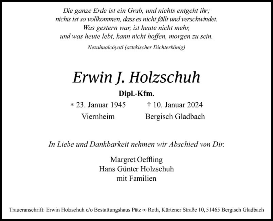 Traueranzeige von Erwin J. Holzschuh von Mannheimer Morgen