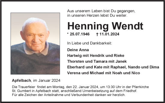 Traueranzeige von Henning Wendt 
