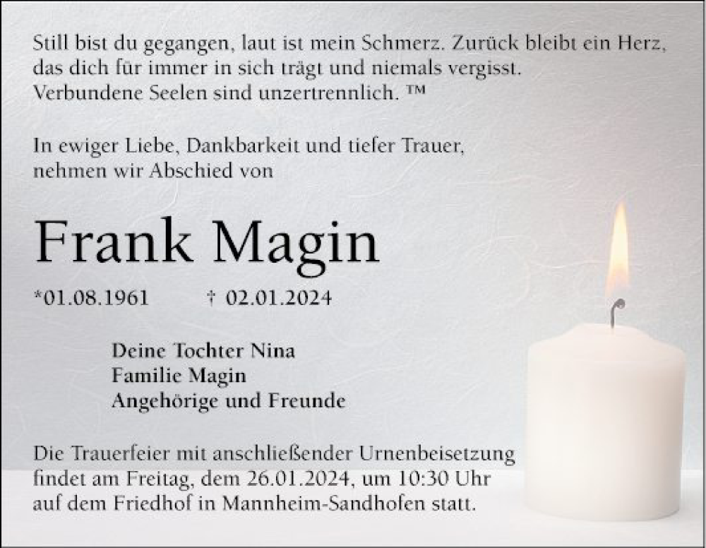  Traueranzeige für Frank Magin vom 20.01.2024 aus Mannheimer Morgen