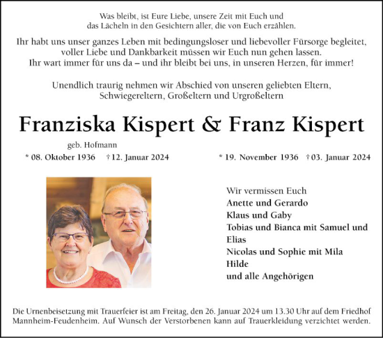 Traueranzeige von Franziska Kispert von Mannheimer Morgen