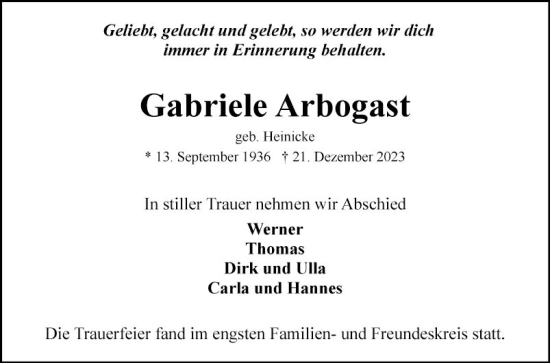 Traueranzeige von Gabriele Arbogast von Mannheimer Morgen