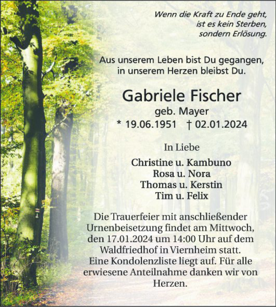  Traueranzeige für Gabriele Fischer vom 13.01.2024 aus Mannheimer Morgen