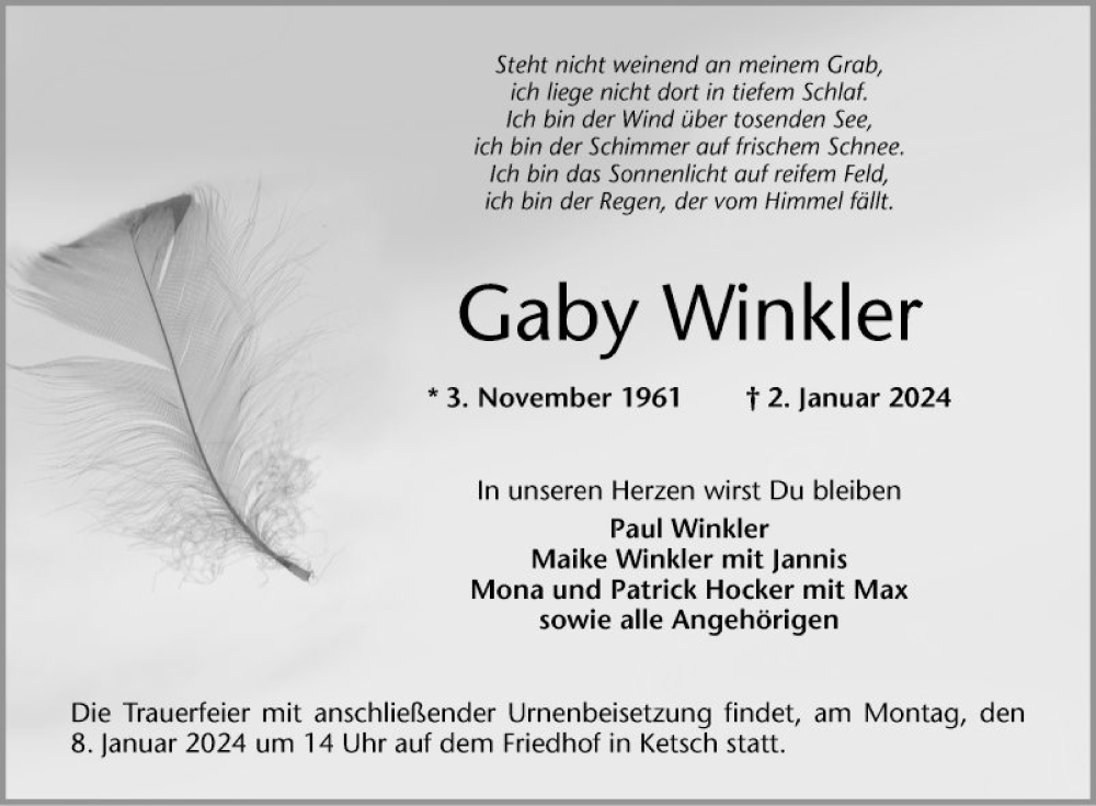  Traueranzeige für Gaby Winkler vom 04.01.2024 aus Schwetzinger Zeitung