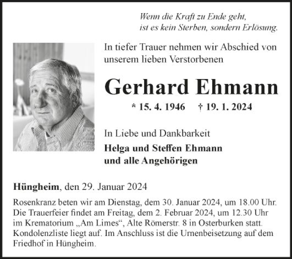  Traueranzeige für Gerhard Ehmann vom 29.01.2024 aus Fränkische Nachrichten