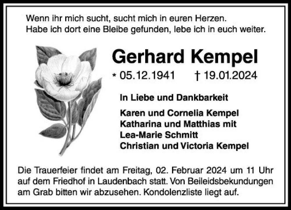  Traueranzeige für Gerhard Kempel vom 27.01.2024 aus Mannheimer Morgen