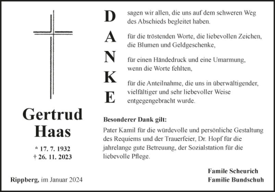 Traueranzeige von Gertrud Haas von Fränkische Nachrichten