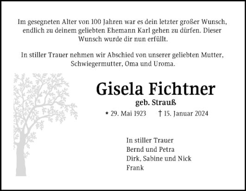  Traueranzeige für Gisela Fichtner vom 25.01.2024 aus Schwetzinger Zeitung