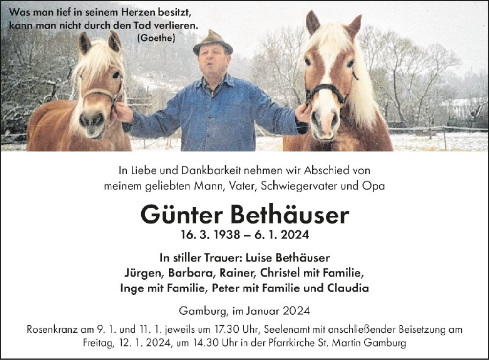  Traueranzeige für Günter Bethäuser vom 09.01.2024 aus Fränkische Nachrichten