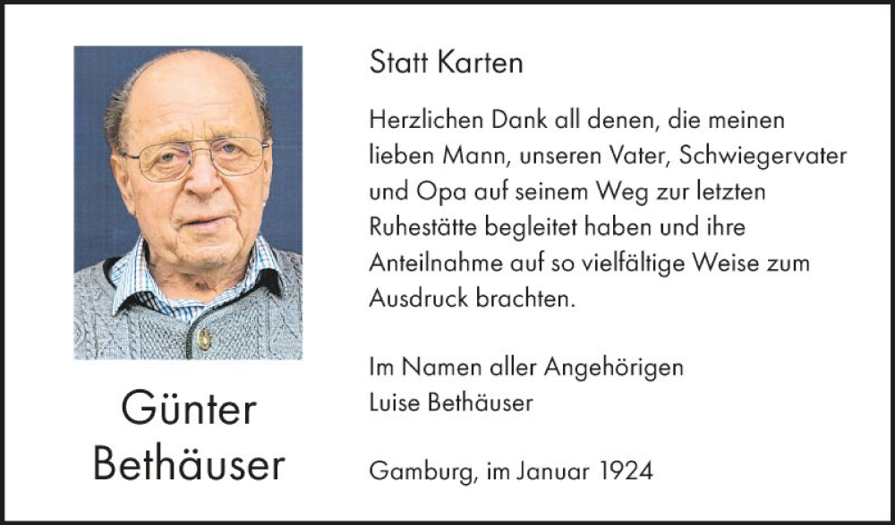  Traueranzeige für Günter Bethäuser vom 20.01.2024 aus Fränkische Nachrichten