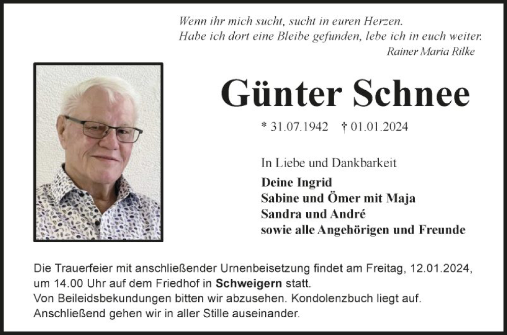  Traueranzeige für Günter Schnee vom 10.01.2024 aus Fränkische Nachrichten