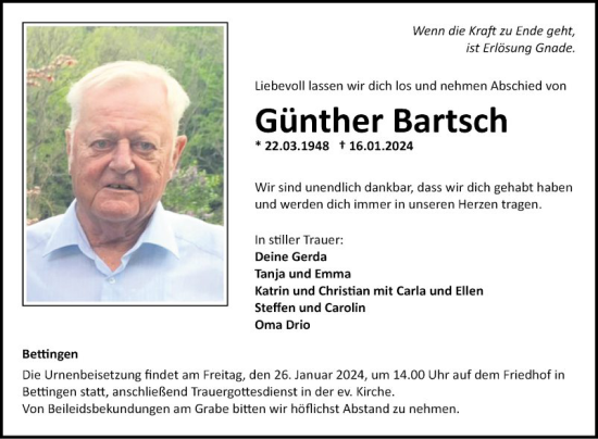 Traueranzeige von Günther Bartsch von Fränkische Nachrichten